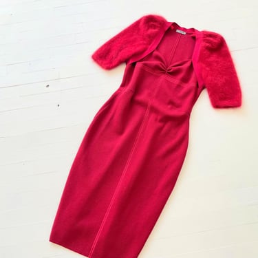 1990s Iceberg Burgundy Red Angora Sleeve Bodycon Dress 