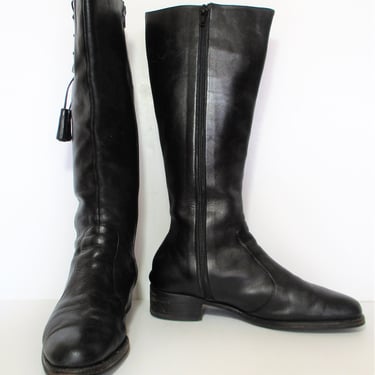 Vintage 90s Andrea G Knee High Riding Boots, Sz 9.5/10 Women, Black Leather side zip lace tie tassel Boots 