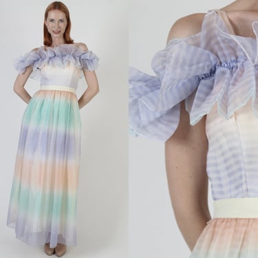 Ombre Chiffon Party Dress, Vintage 70s Horizontal Stripe Cocktail Gown, Pastel Colorblock Full Skirt Prom Dress 