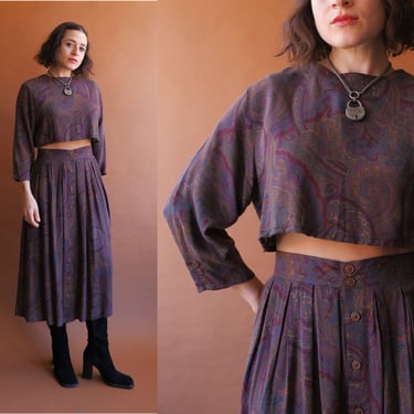 Vintage 80s Paisley Two Piece Set/ Crop Top and Midi Skirt/ Size Medium 28 