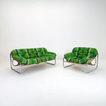 Rare Johan Bertil Häggström Sofa & Armchair Set for Swed Form – Iconic Green Striped Upholstery - Chrome Frame 1970s 