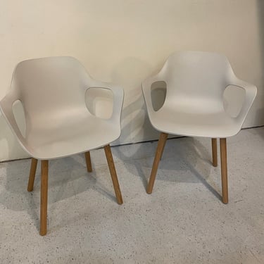 Pair of Vitra HAL Armchairs | light oak base | warm grey sculpted shell | 2018 