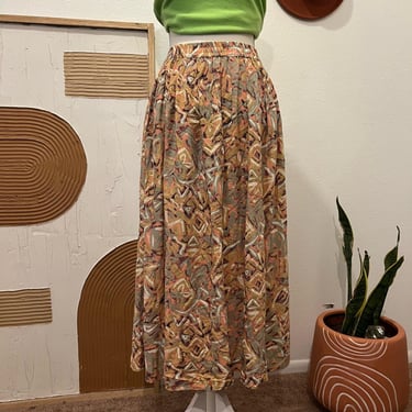 Jacqueline Ferrar 90s Vintage Silk Clay & Sage Green Abstract Print Midi Skirt 