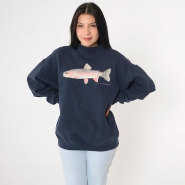 Vintage 90s Fish Sweatshirt XL Joseph R Tomelleri Embroidered Art Fishing Rainbow Trout Shirt Navy Blue Crewneck Pullover Shirt Extra Large 