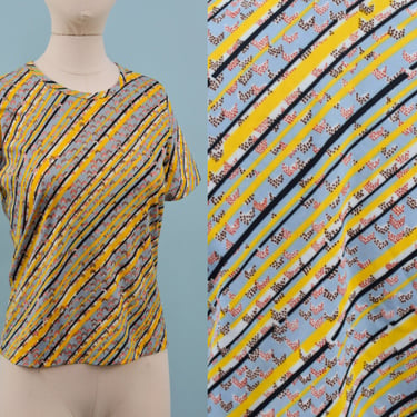Vintage 1970s Yellow & Gray Polyester Shirt, Vintage Geometric Design, Bohemian Hippie, Size Sm/Med by Mo