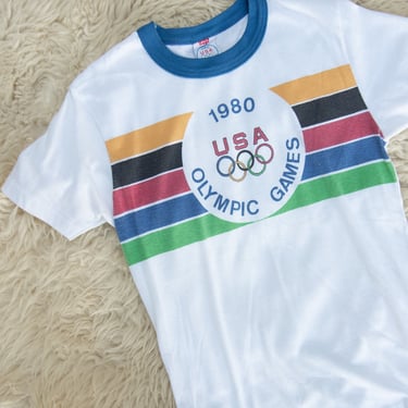 Rare 1980 USA Olympic Games Levi's Shirt | Paper Thin White Cotton Ringer Tee | 1970s 80s T Shirt Marathon Running Athletic Top Small Medium 