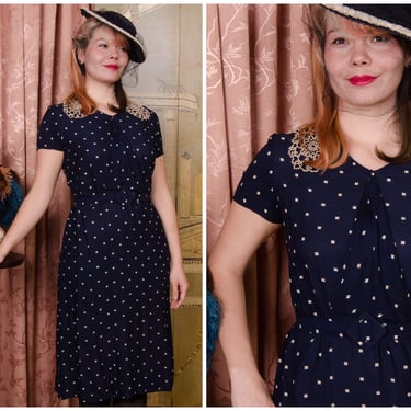 1930s Dress - Darling 30s Day Dress in Navy Blue Rayon Crepe with Square Polka Dot Print and Tatted Lace Collar 