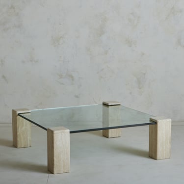 Square Travertine + Glass Coffee Table, Germany 1970s