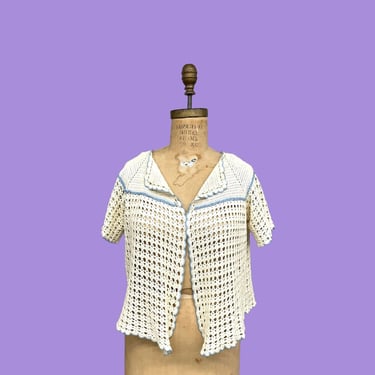 Vintage Cardigan Retro 1970s Handmade + Crochet + Knit + White and Baby Blue + Flutter Sleeve + Top + Bohemian + Womens Apparel 