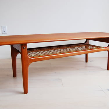 Danish Mid Century Modern Trio Mobler Teak Rectangular Coffee Table Cane Shelf Made in Denmark 