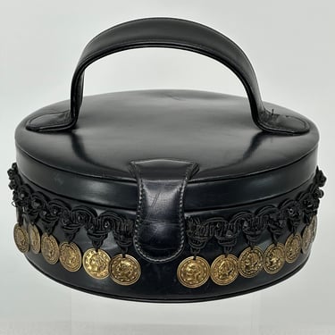 1950s Deutz Black Leather Top Handle Gold Coin &amp; Bead Round Novelty Handbag Vtg.