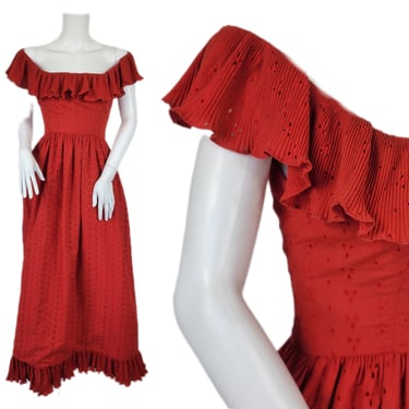 Mollie Parnis 1970's Red Cotton Eyelet Peasant Maxi Dress I Sz Med 
