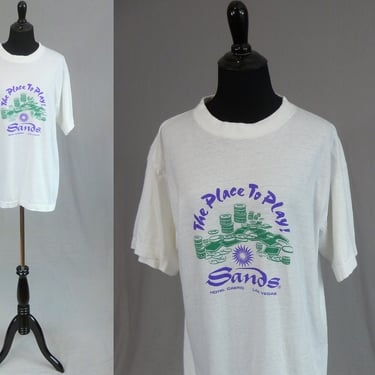 90s Sands Las Vegas T Shirt - White Purple Green - Casino Gambling The Place to Play - Vintage 1990s = XL 