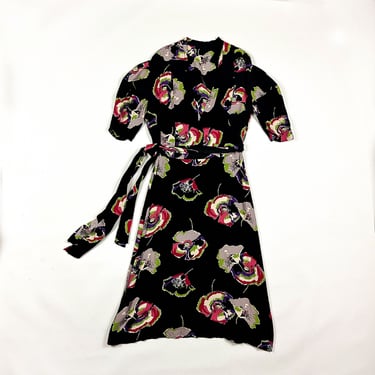 1930s / 40s Black Based Floral Rayon Shirt Dress / Sash Belt / Pink Flowers / Printed Rayon / WW2 / Puff Sleeve / Medium / Bright Floral / 