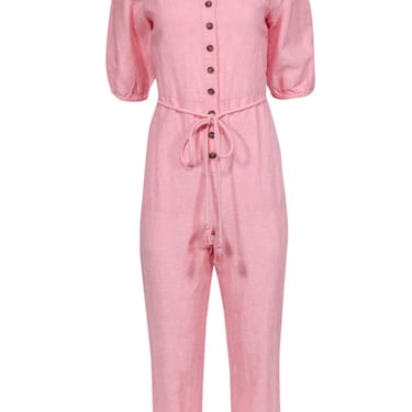 Madewell - Bubblegum Pink Linen & Cotton Puff Sleeve Tassel-Tie Jumpsuit Sz S