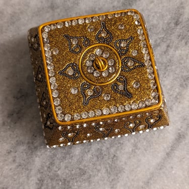 Vintage Handmade Gold Glitter Jewels and Hearts Square Trinket Jewelry Gift Box 