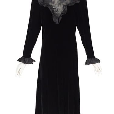 Hanae Mori 1980s Vintage Black Lace & Velvet Ruffle Collar Evening Dress 