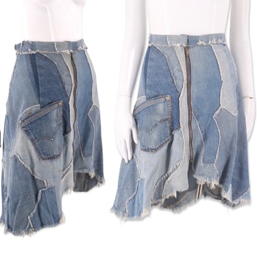 70s patchwork denim skirt 32, vintage 1970s custom denim, zipper skirt, A line denim skirt M 8 Love Melody 