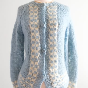 Darling 1950's Baby Blue Mohair Cardigan Sweater / Sz M