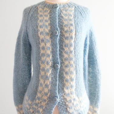 Darling 1950's Baby Blue Mohair Cardigan Sweater / Sz M