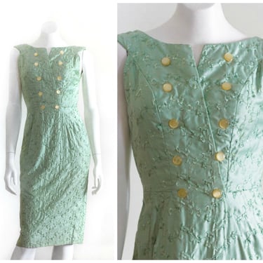 1950/60s seafoam green embroidered sheath dress 