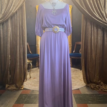 1970s maxi dress, purple polyester, vintage 70s dress, grecian style, off the shoulders, medium, long flowing skirt, draped blouson, disco 