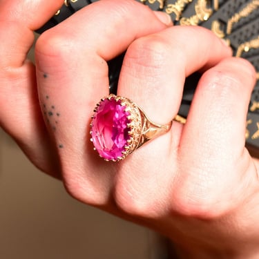 Estate 10K Pink Topaz Cocktail Ring In Yellow Gold, Large Ornate Crown Bezel Setting, Vintage Jewelry, Size 7 US 
