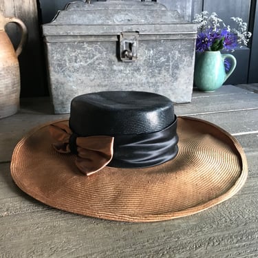 French Straw Hat, Edwardian, Two Tone, Satin Bow, Original Label, Finely Woven, Antique 