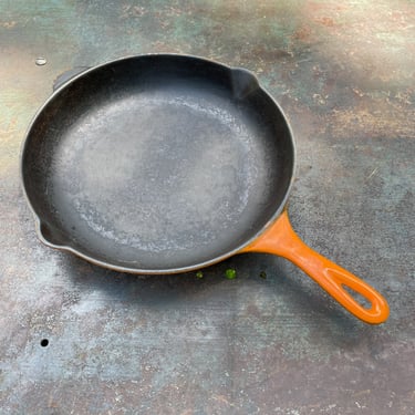 Vintage French Flame Orange Cast Iron Skillet Frying Pan Coated Mid-Century Kitchen 