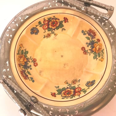 Rare Vintage Farberware Sebring Pottery Co Nutcracker Bowl Nut Dish 1930s Golden Maize Silver Trim 