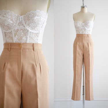 high waisted pants 70s 80s vintage Chaus tan straight leg trousers 