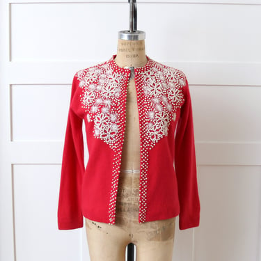 vintage 1960s red & white embroidered cardigan • day floral and polka dot wool sweater 