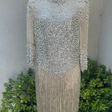 Vintage elegant short cocktail dress beige sheer beads sequins faux pearls open back Sz XS by Peak Evenings 