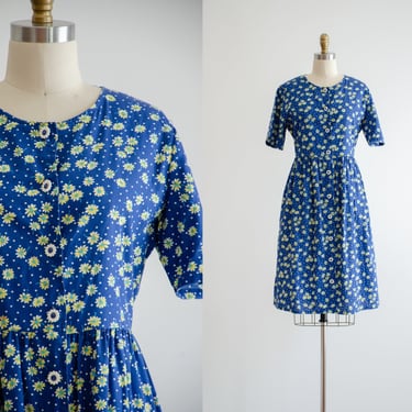 blue daisy dress | 80s 90s vintage cottagecore navy yellow floral oversized cotton knee length dress 