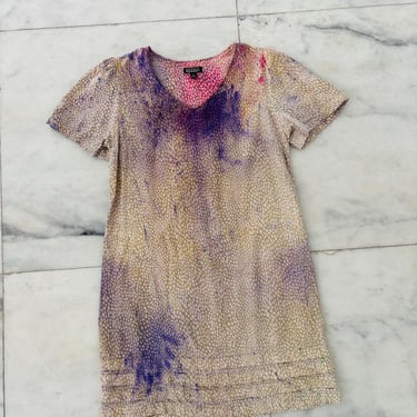 Vintage Nicole Miller Dress Linen Knee Short Sleeve Colorful Art Boho Womens M 