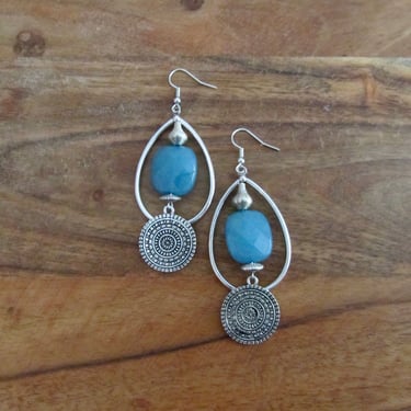 Blue stone and silver tear drop hoop earrings 