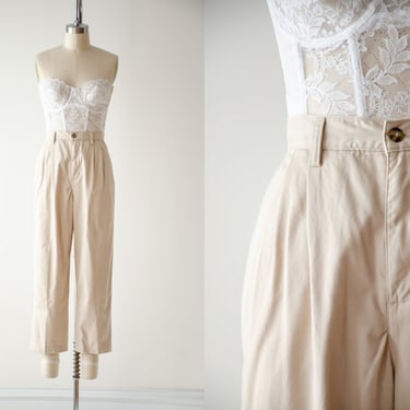 high waisted pants | 90s vintage beige cream cotton khaki academia pleated straight leg cropped ankle trousers 