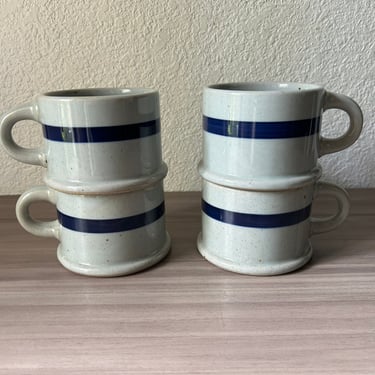 Vintage Dansk BLT Blue Stoneware mugss International Designs Ltd Japan Beige with Blue Stripe Niels Refsgaard, Dansk Breakfast Lunch and Tea 