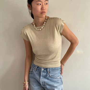 Vintage Knit Cropped Tee T-shirt Shoulder Button Sweater - Gold