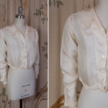 Edwardian Blouse - Lightweight Ivory Raw Silk 1910s Blouse with Lace Trimmed Collar 