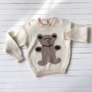 embroidered sweater 80s vintage Evian II cream white teddy bear cute cottagecore hand knit sweater 