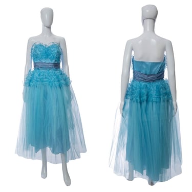 1950's Blue Tiered Tulle and Drape Detail Cupcake Cocktail Dress Size M