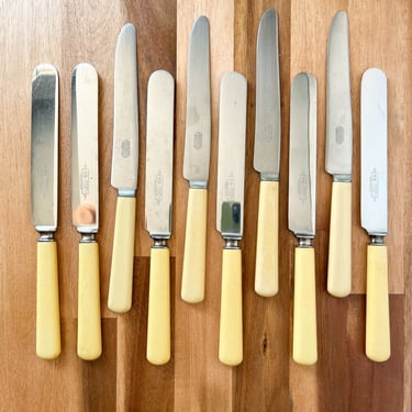 Vintage Celluloid Handled Knives. Set of 10 Vintage Silverware Cutlery. 