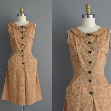 1950s vintage dress | Golden Floral Print Cotton Dress | Small Medium | 50s dress 