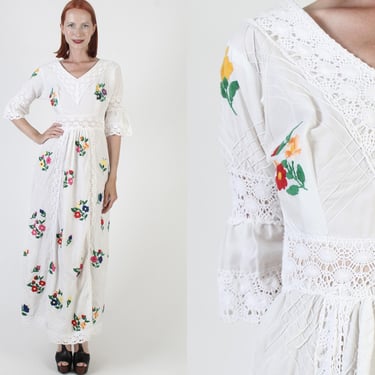 White Crochet Mexican Dress, Vintage Floral Embroidery, Lace Bell Sleeves, Long Pintuck Sundress 