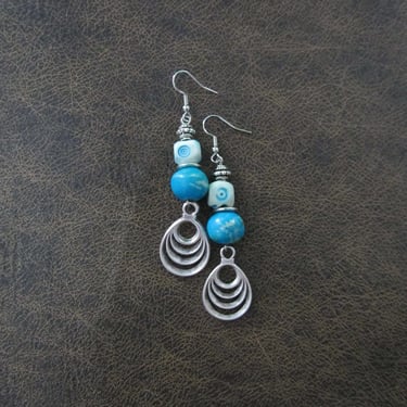 Blue bone and silver statement dangle earrings 