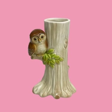 Vintage Bud Vase Retro 1980s Bohemian + Otagiri + OMC + Owl Perched on Tree + Ceramic + Made in Japan + Flower Display + Bird Statue + 