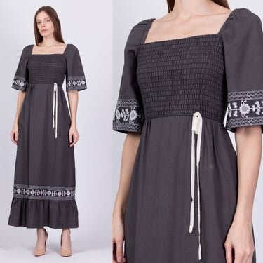 70s Boho Embroidered Smocked Maxi Dress - Extra Small | Vintage HearSay Bell Sleeve Peasant Kaftan 
