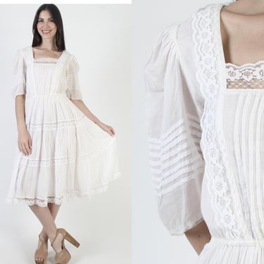 White Starina Dress, Victorian Lawn Gown, Vintage 70s Cotton Sundress, Sheer Lace Prairiecore 