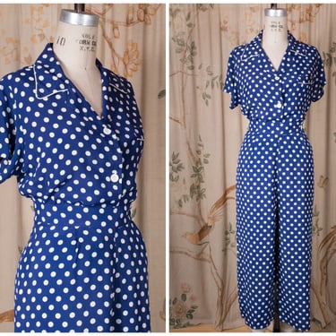 1940s Pajamas - Cute Vintage 40s Three Piece Rayon Pajamas in Navy Blue and White Polka Dot Cold Rayon 